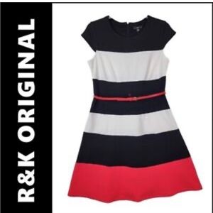R&K Black White Red Stripe Fit-and-Flare Mini Dress
